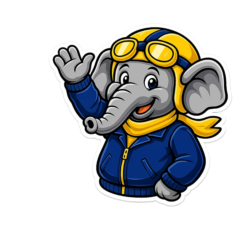Mascotte TAKE OFF : éléphant aviateur qui salue